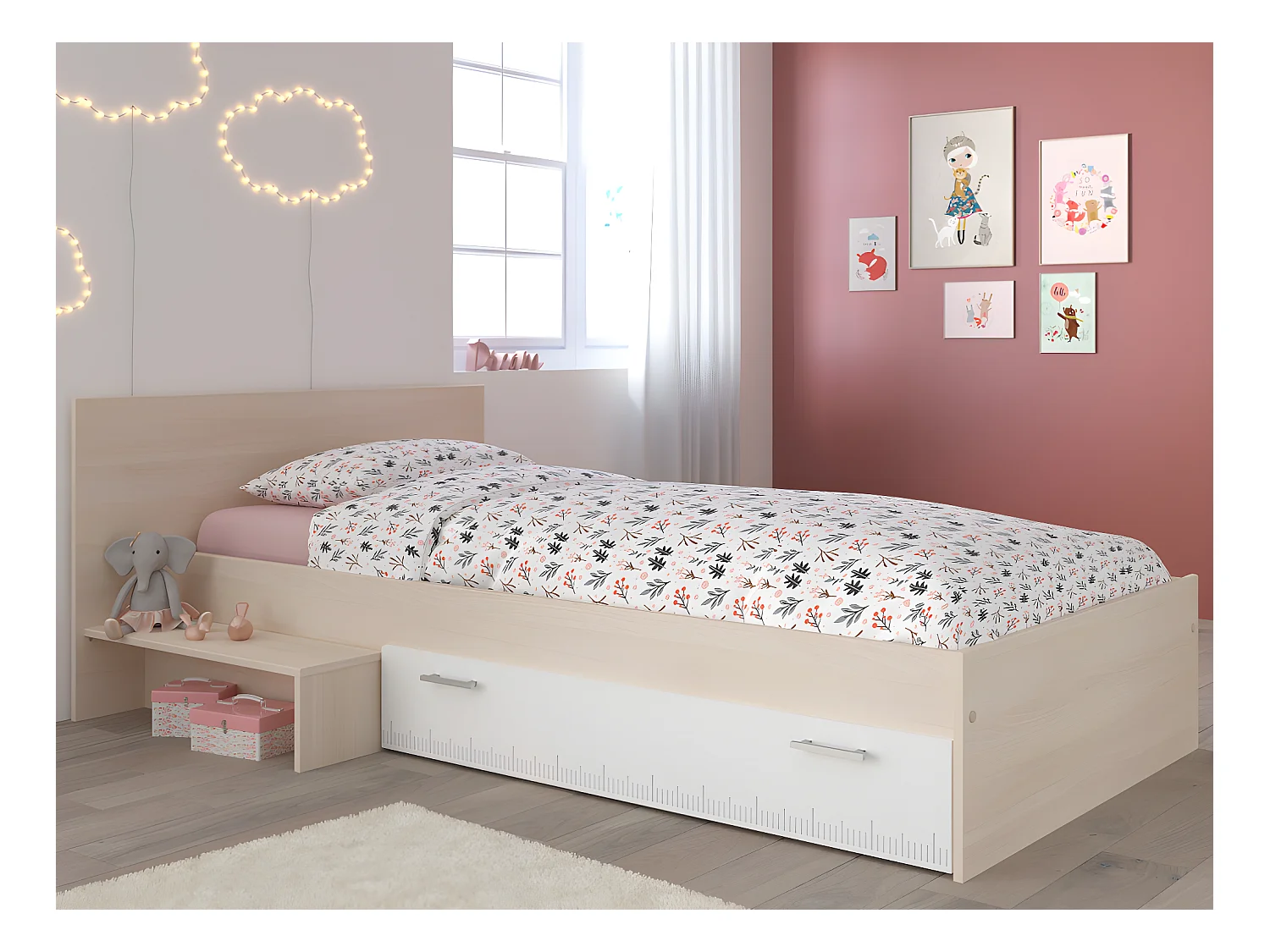 Letto per bambini 90 x 190 cm con 1 cassetto Naturale e Bianco + Rete - IPLIA