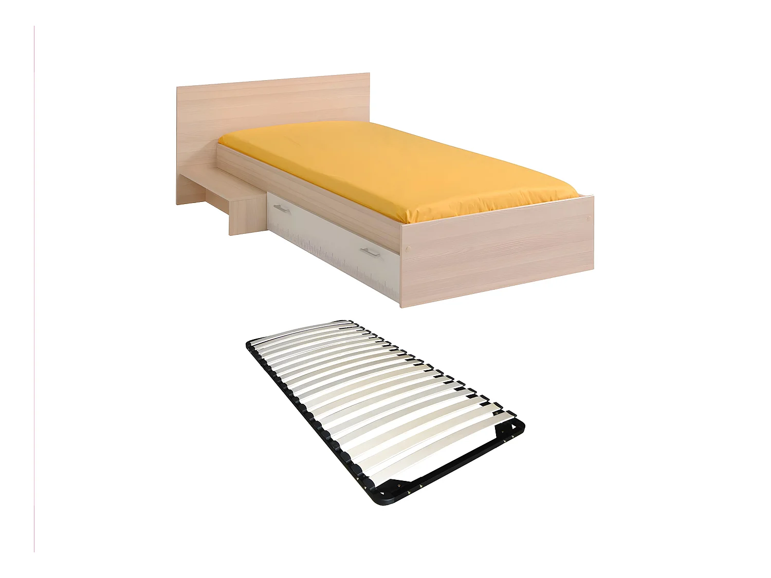 Letto per bambini 90 x 190 cm con 1 cassetto Naturale e Bianco + Rete - IPLIA