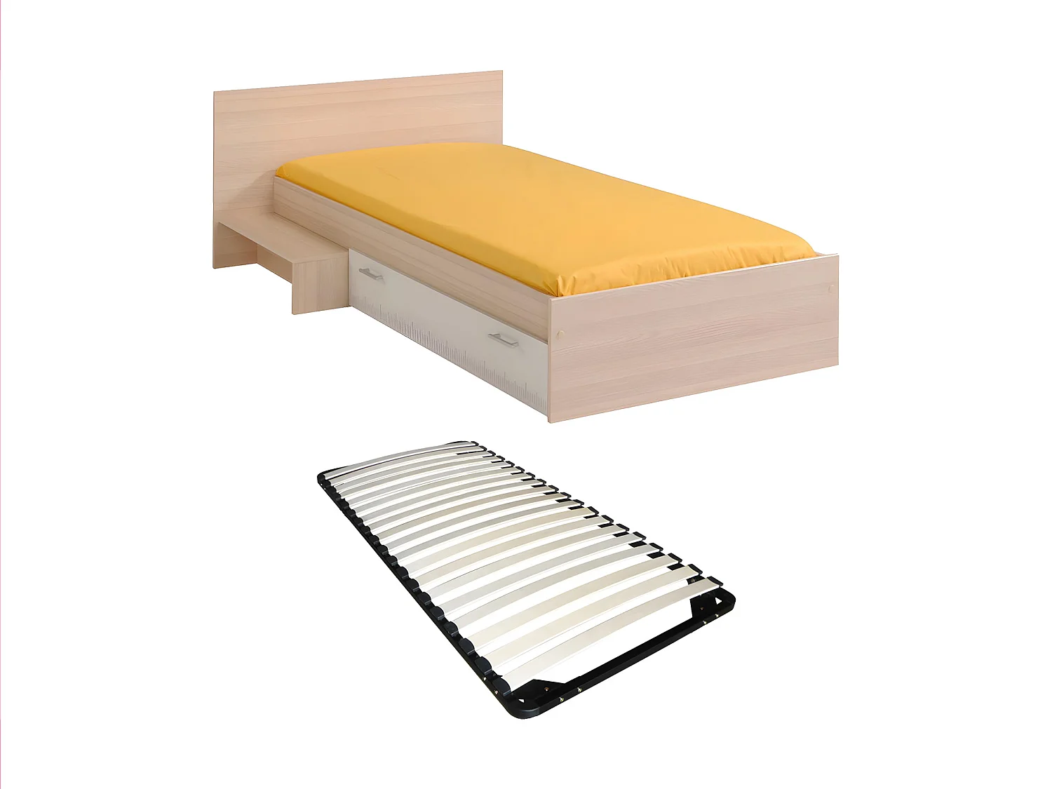 Barnsäng 90 x 190 cm med 1 utdragbar låda - Färg: Natur och vit + Ribbotten - IPLIA