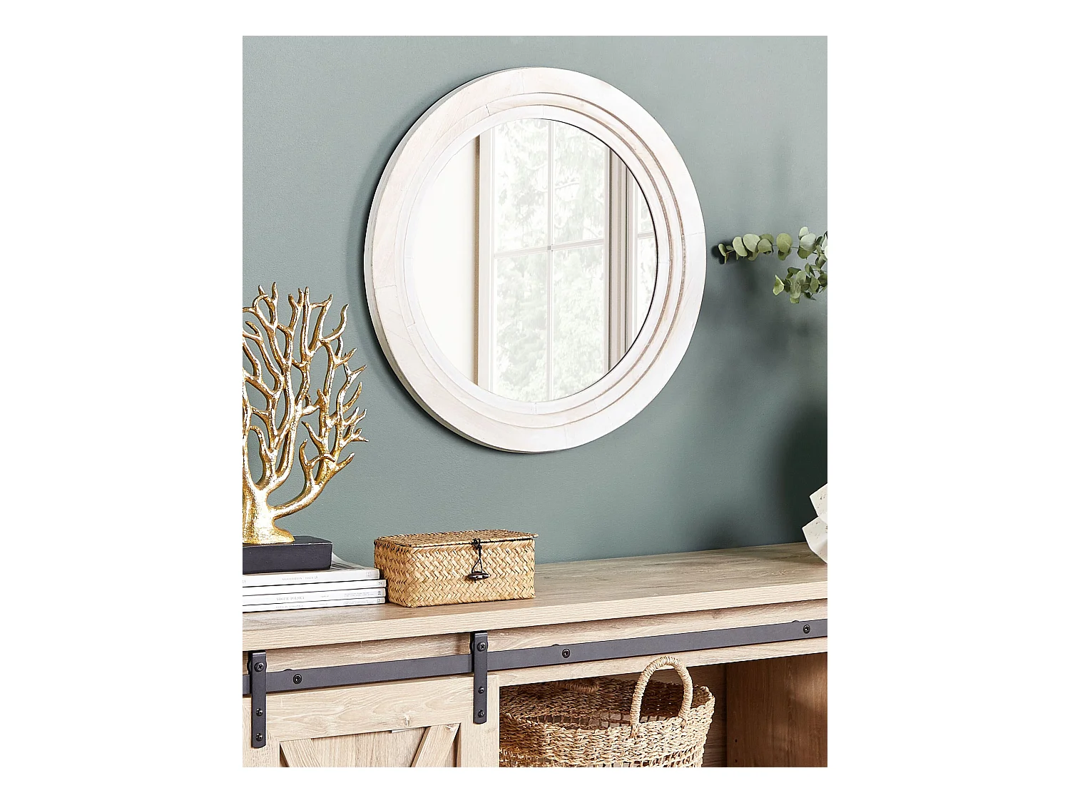 Wandspiegel mit Rahmen weiß rund 60 cm Antik-Optik handgefertigt Skandi Delicias