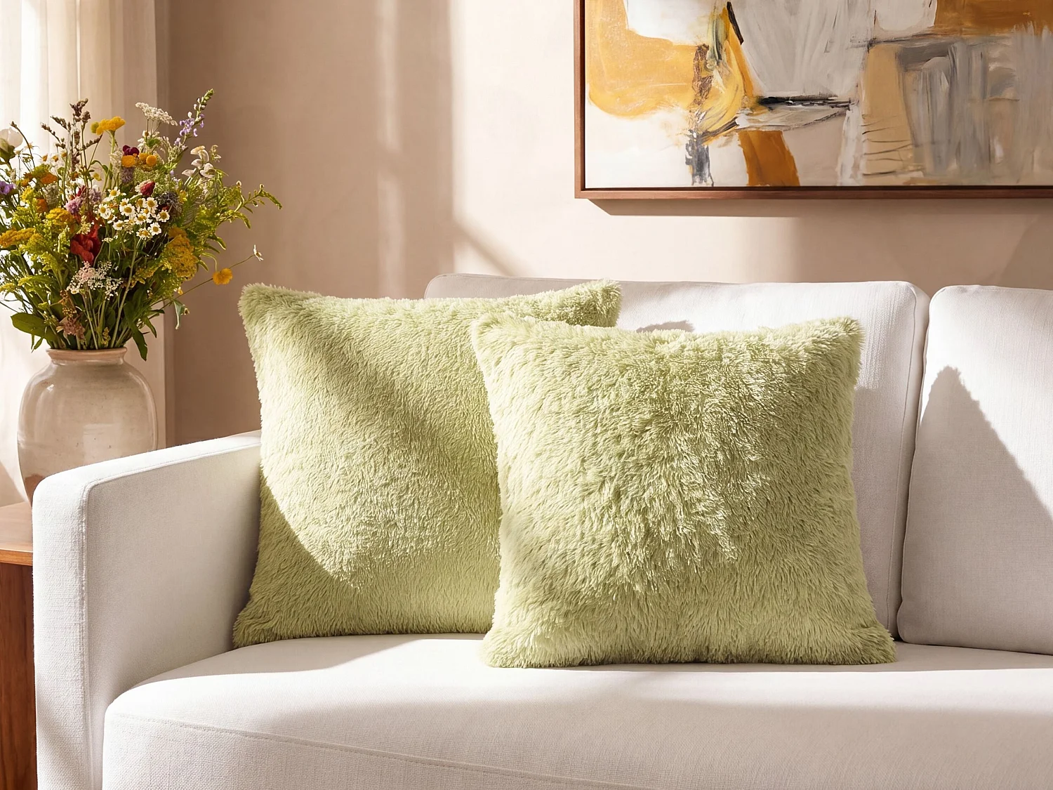 Throw Cushion PILEA Faux Fur 45 x 45 cm Light Green Solid