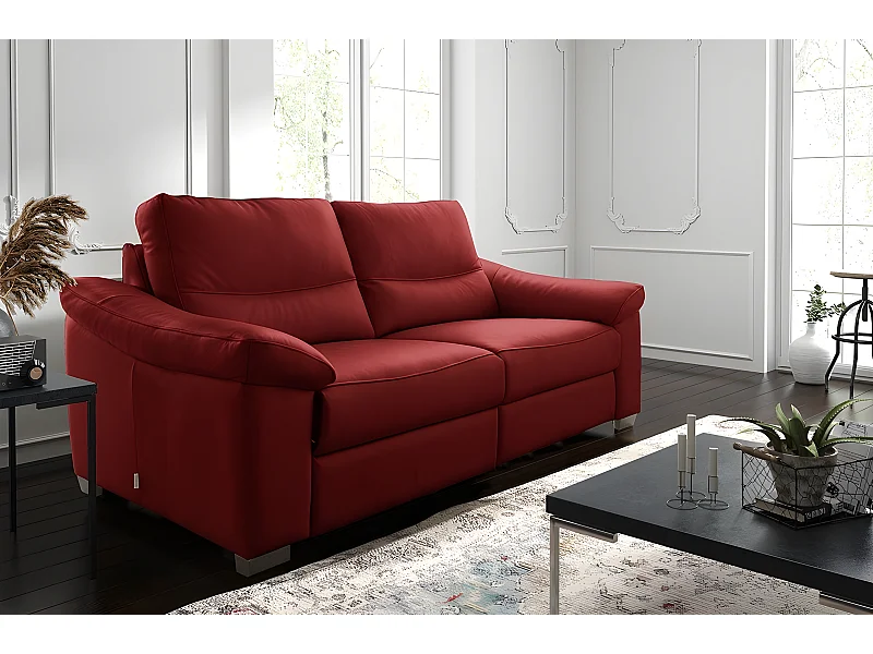 Canapé 3 places en 100% tout cuir épais italien vachette HAMBOURG, couleur rouge foncé