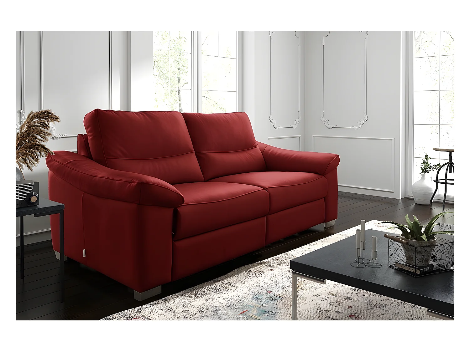 Canapé 3 places en 100% tout cuir épais italien vachette HAMBOURG, couleur rouge foncé