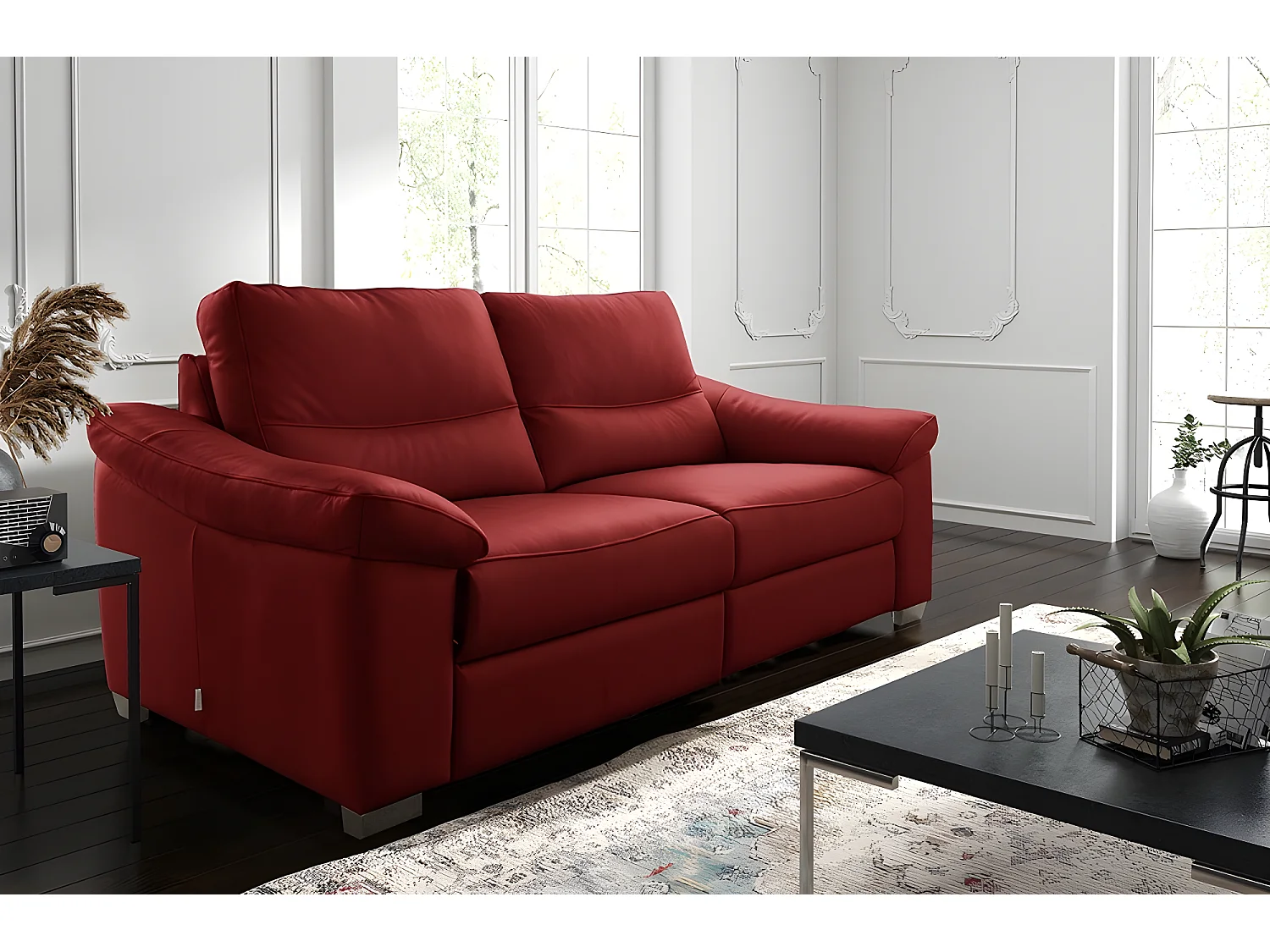 Canapé 2 places en 100% tout cuir épais italien vachette HAMBOURG, couleur rouge foncé