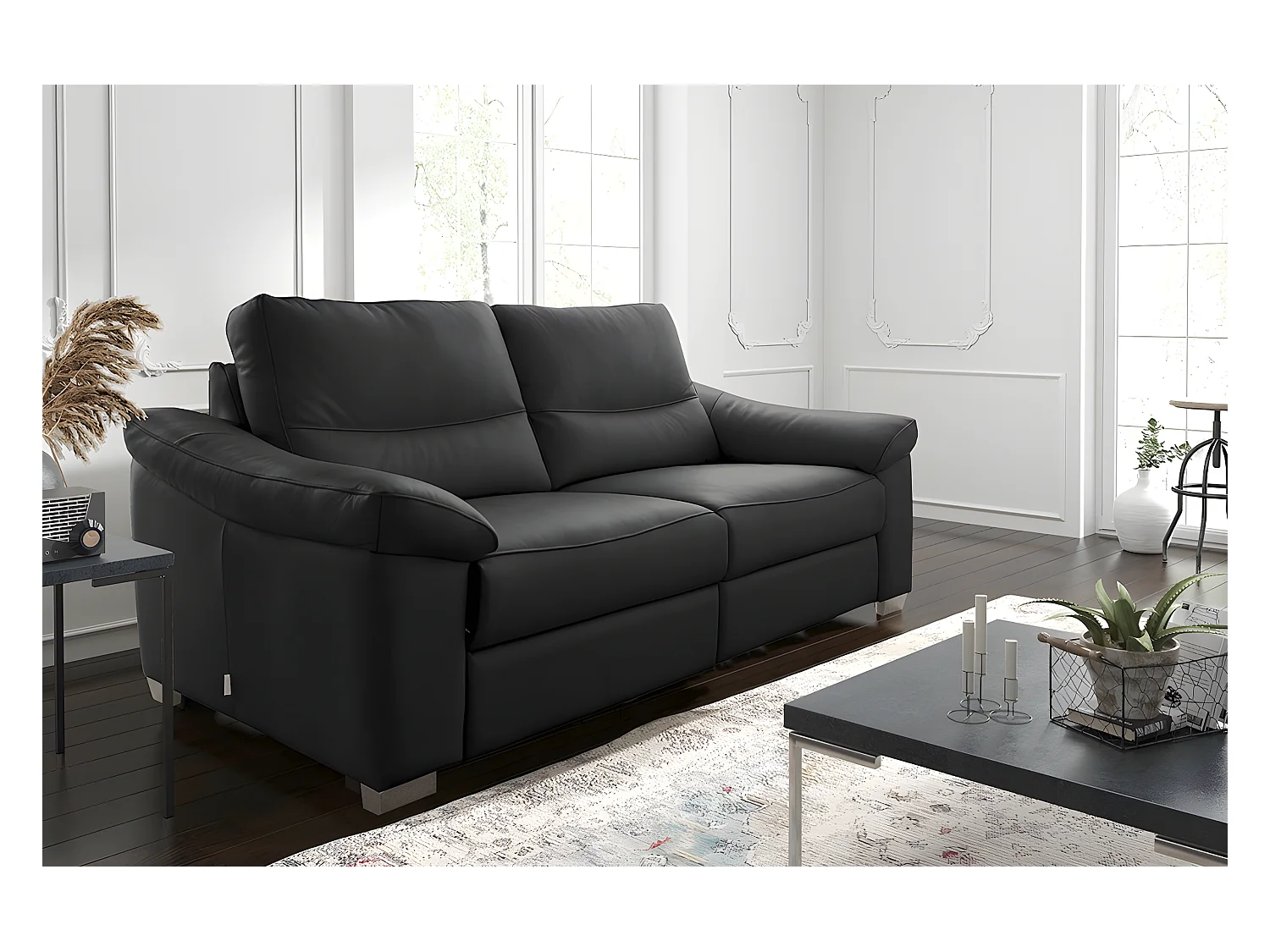 Canapé 3 places en 100% tout cuir épais italien vachette HAMBOURG, couleur noir