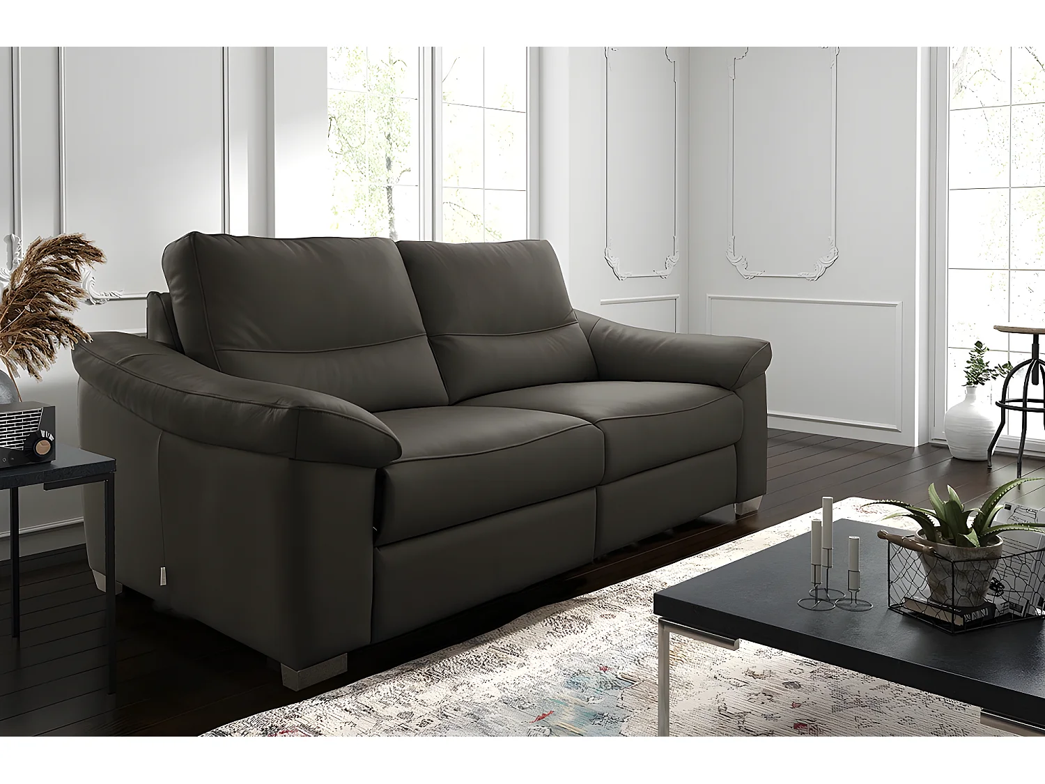 Canapé 3 places en 100% tout cuir épais italien vachette HAMBOURG, couleur anthracite