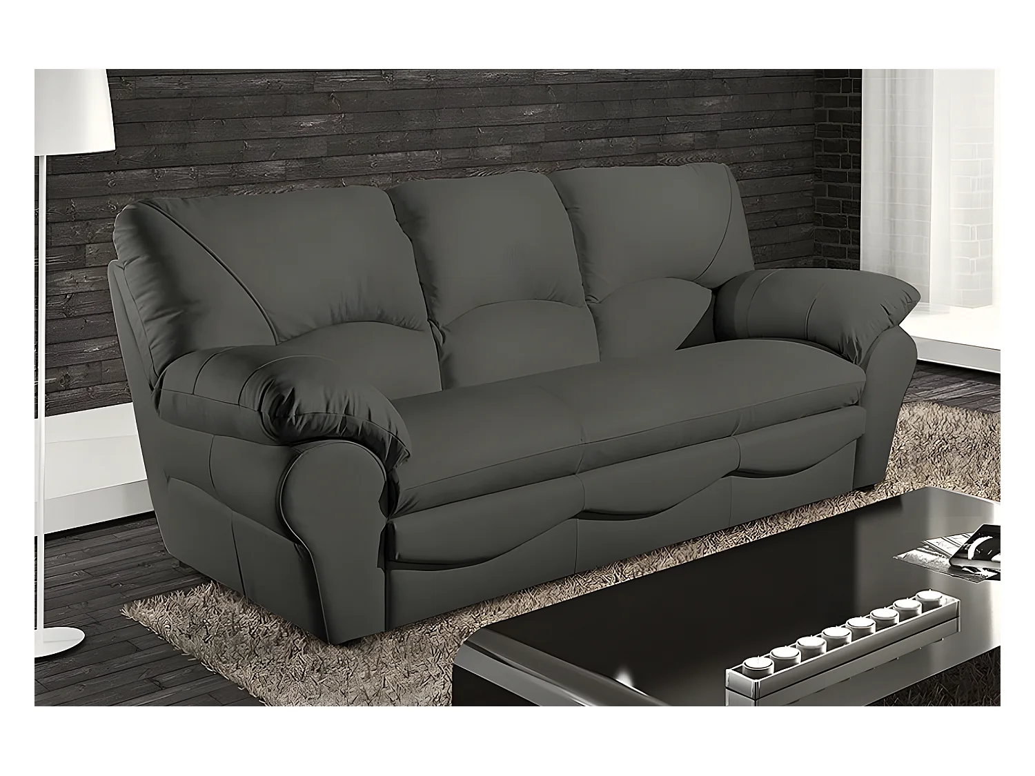 Canapé 3 places en 100% tout cuir italien vachette OSATIS, couleur gris foncé