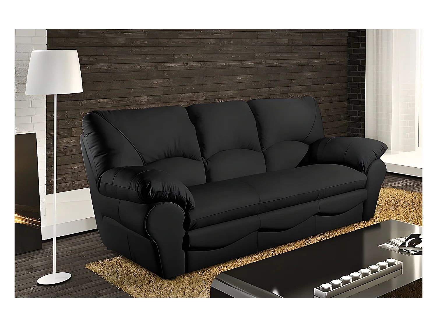 Canapé 3 places en 100% tout cuir italien vachette OSATIS, couleur noir