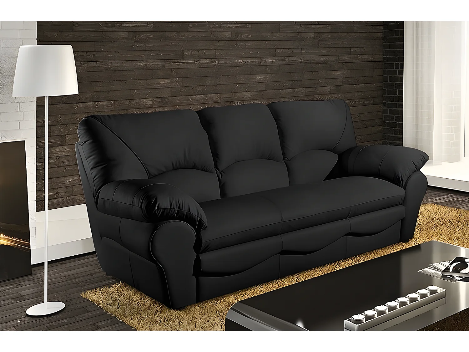 Canapé 3 places en 100% tout cuir italien vachette OSATIS, couleur noir