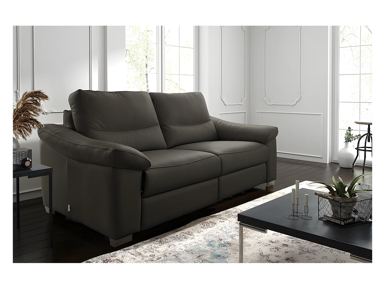 Canapé 2 places en 100% tout cuir épais italien vachette HAMBOURG, couleur anthracite