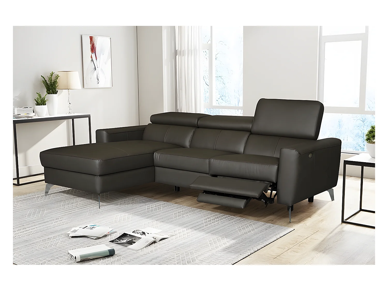 Canapé d'angle en cuir italien de luxe 5 places BOTERO, avec relax électrique, chocolat, angle gauche