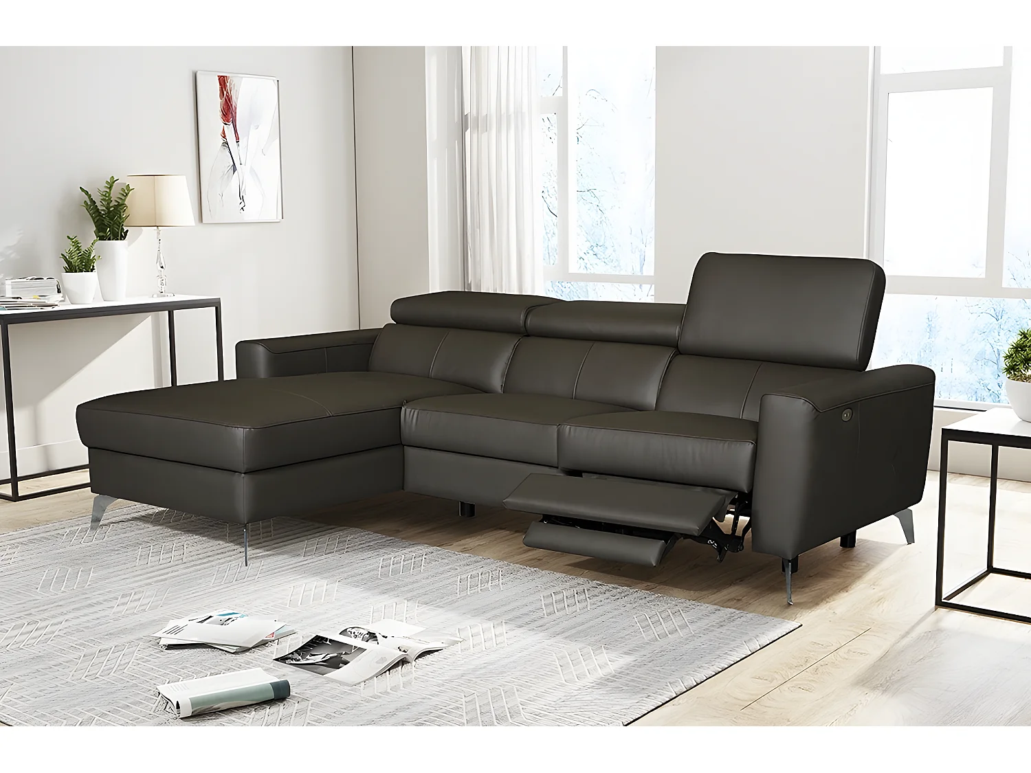 Canapé d'angle en cuir italien de luxe 5 places BOTERO, avec relax électrique, chocolat, angle gauche