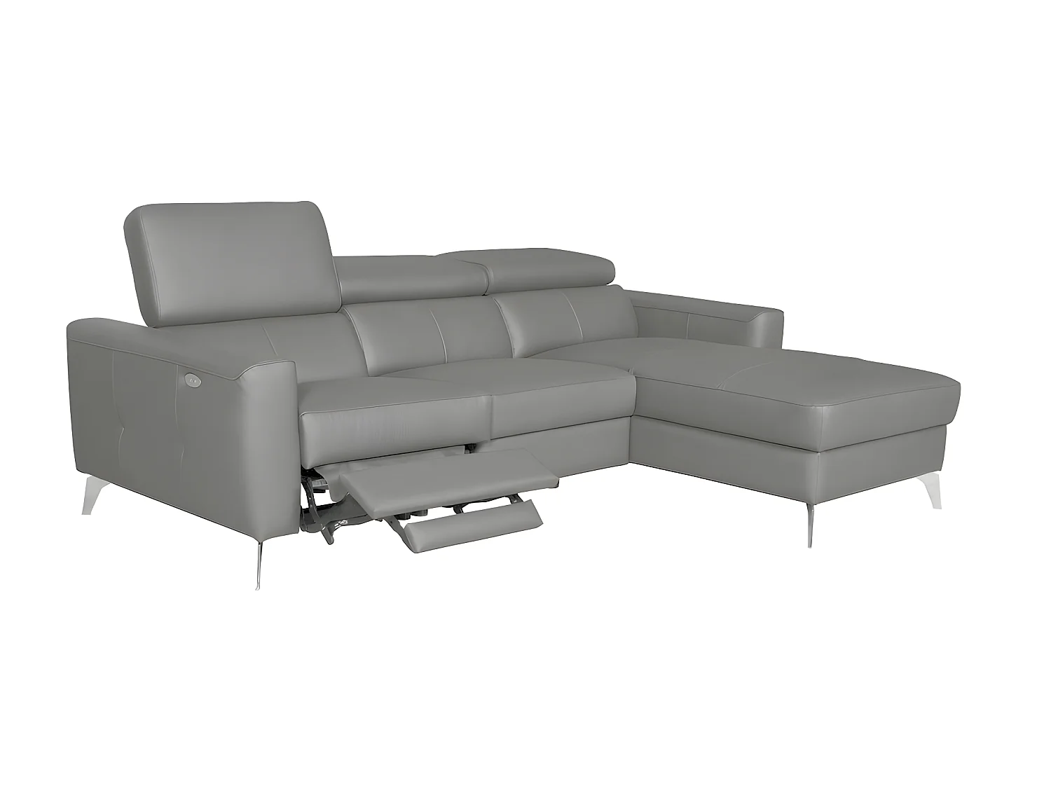 Canapé d'angle en cuir italien de luxe 5 places BOTERO, avec relax électrique, gris clair, angle droit