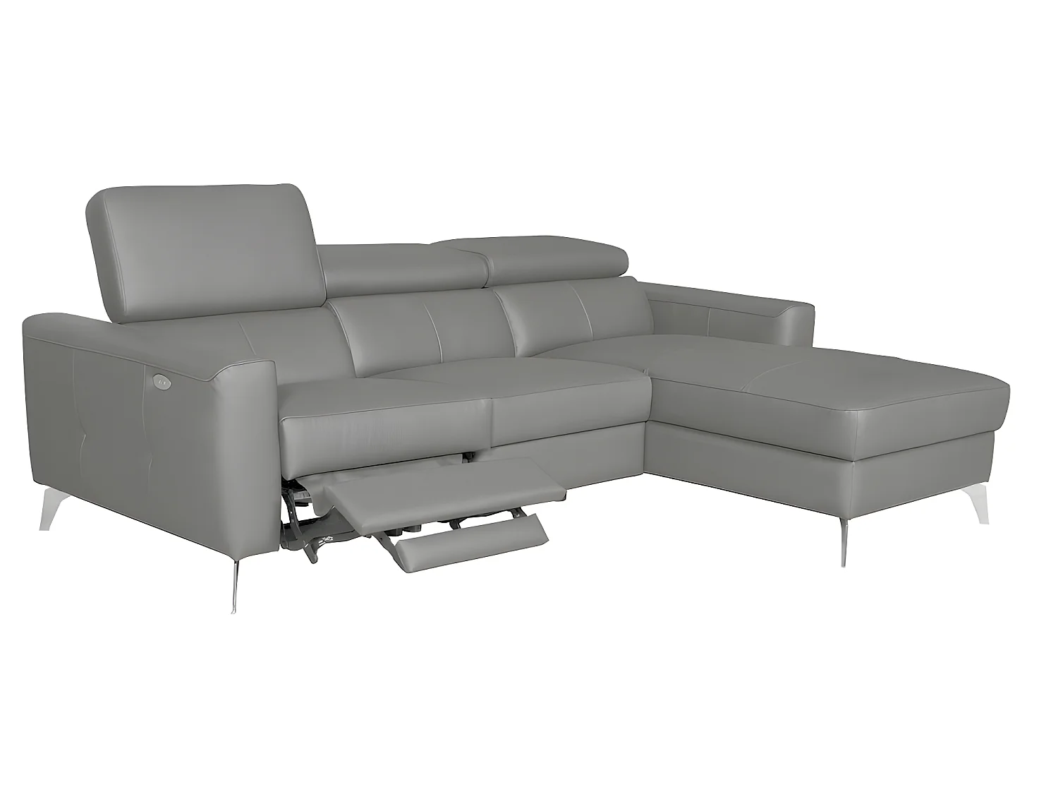 Luxe Italiaanse hoekbank BOTERO van 5 plaatsen met elektrische relax en lichtgrijze leren bekleding