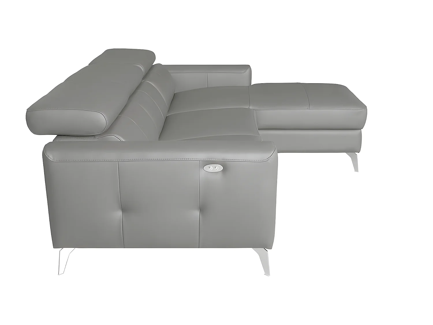 Luxe Italiaanse hoekbank BOTERO van 5 plaatsen met elektrische relax en lichtgrijze leren bekleding