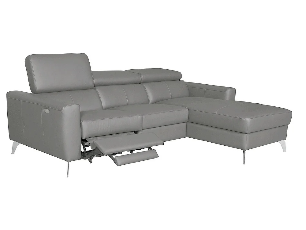 Luxe Italiaanse hoekbank BOTERO van 5 plaatsen met elektrische relax en lichtgrijze leren bekleding