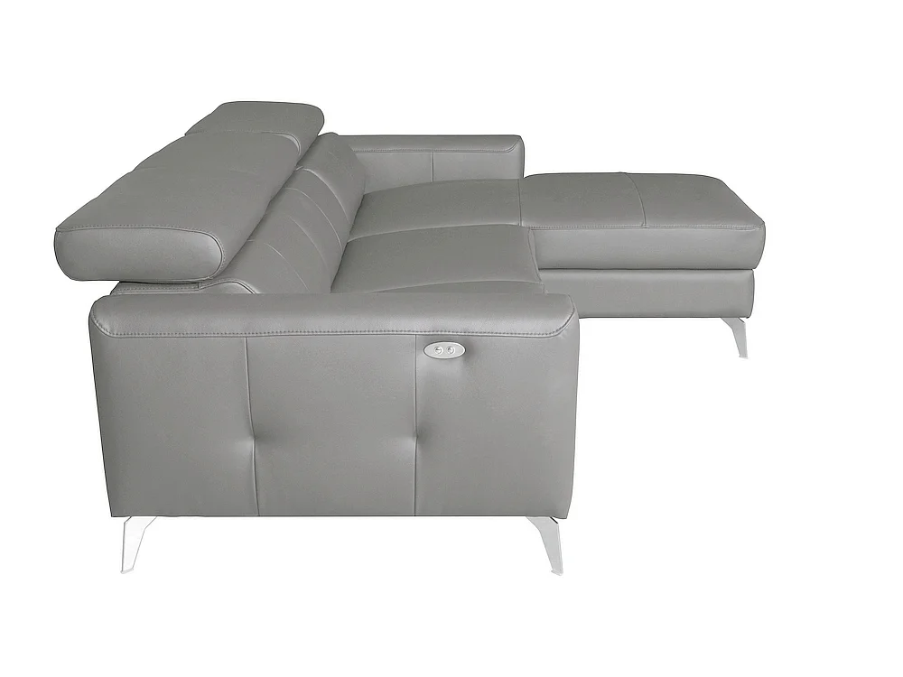Luxe Italiaanse hoekbank BOTERO van 5 plaatsen met elektrische relax en lichtgrijze leren bekleding
