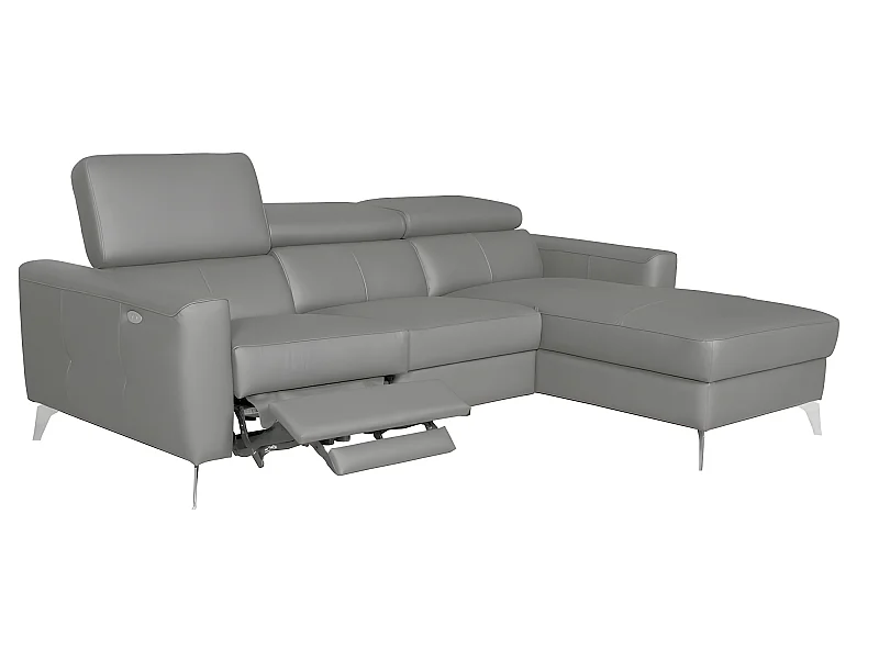 Luxe Italiaanse hoekbank BOTERO van 5 plaatsen met elektrische relax en lichtgrijze leren bekleding