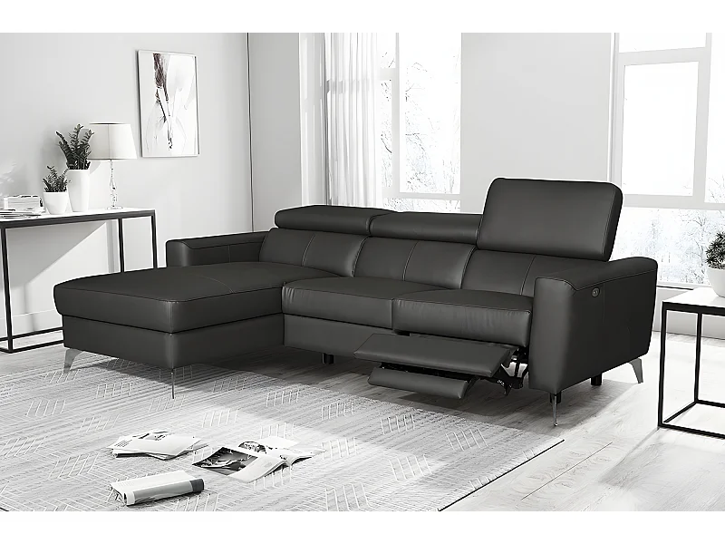 Canapé d'angle en cuir italien de luxe 5 places BOTERO, avec relax électrique, noir, angle gauche