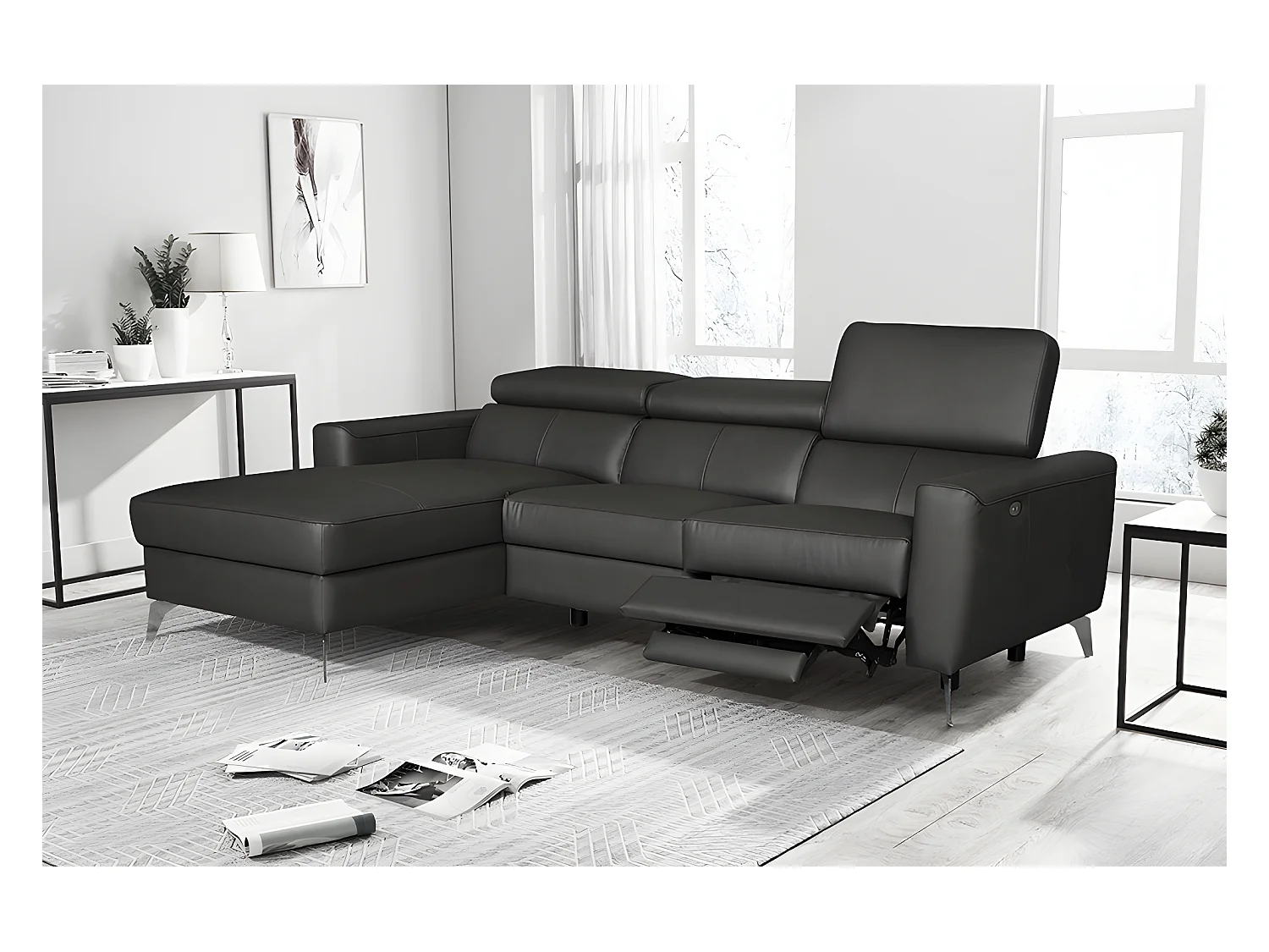 Hoekbank van luxe Italiaans leer BOTERO met elektrische relax en verstelbare hoofdsteunen, zwart