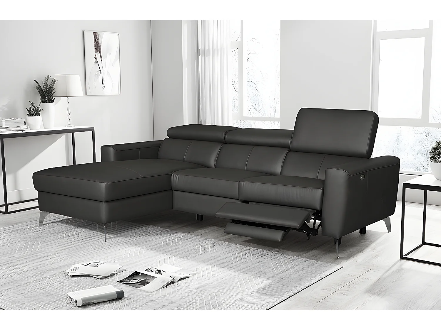 Canapé d'angle en cuir italien de luxe 5 places BOTERO, avec relax électrique, noir, angle gauche