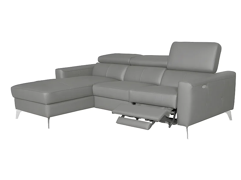 Canapé d'angle en cuir italien de luxe 5 places BOTERO, avec relax électrique, gris clair, angle gauche