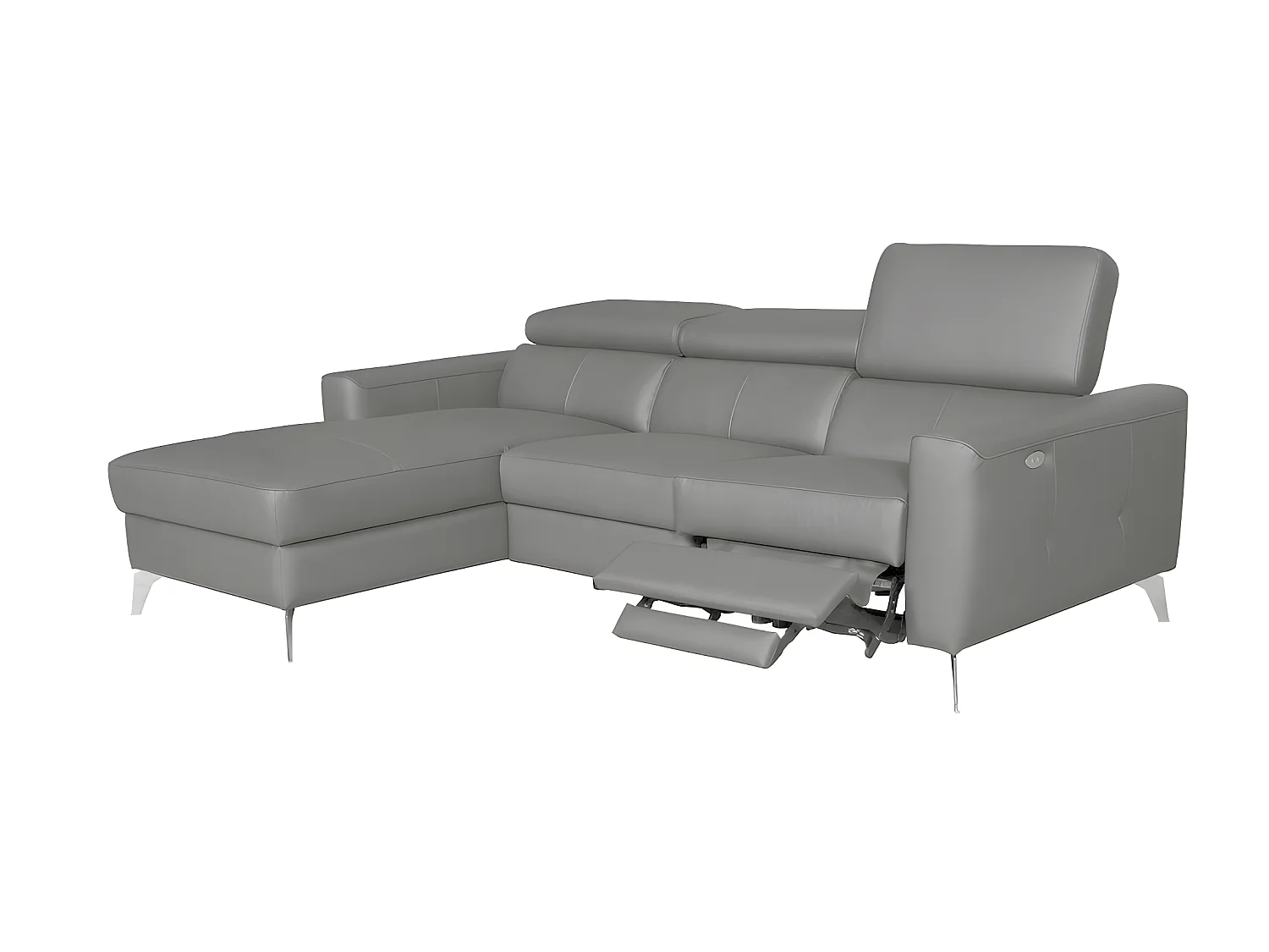 Canapé d'angle en cuir italien de luxe 5 places BOTERO, avec relax électrique, gris clair, angle gauche