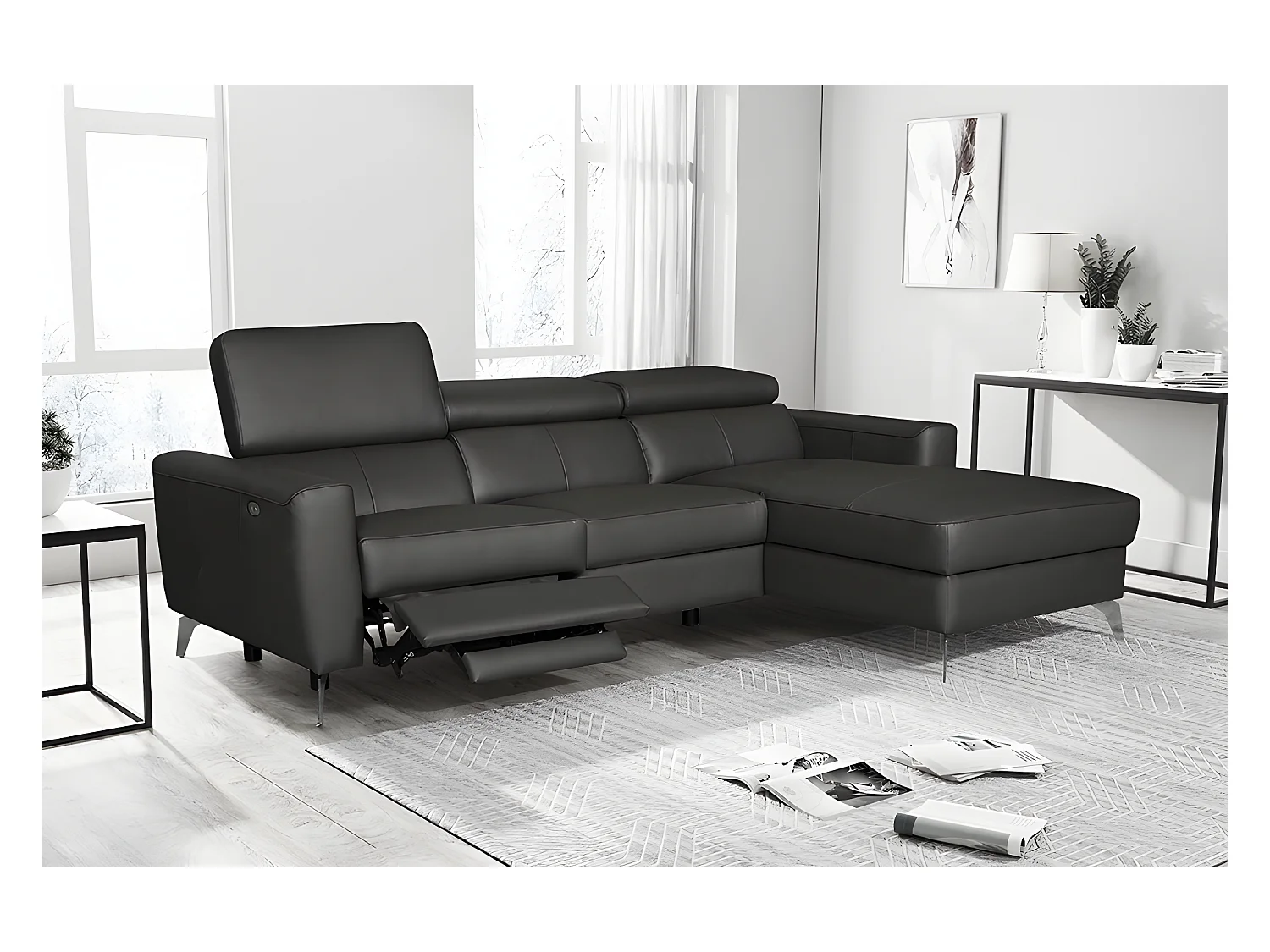 Canapé d'angle en cuir italien de luxe 5 places BOTERO, avec relax électrique, noir, angle droit