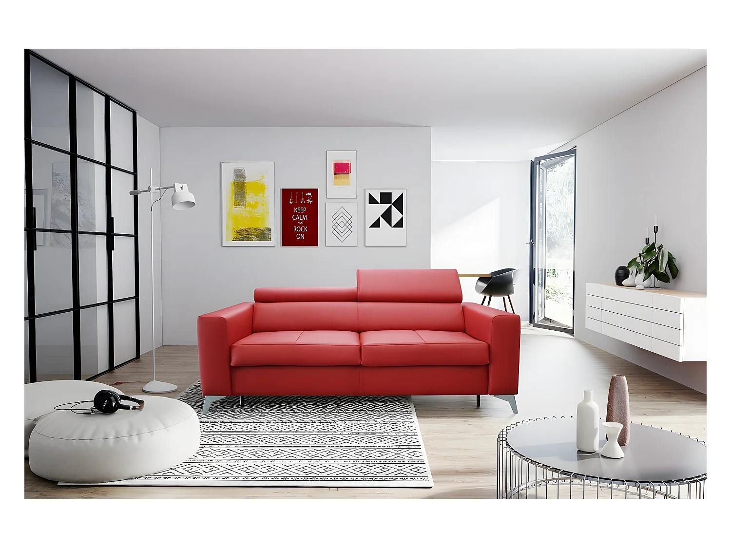 Canapé 3 places convertible en cuir italien de luxe MOVIDA, rouge foncé