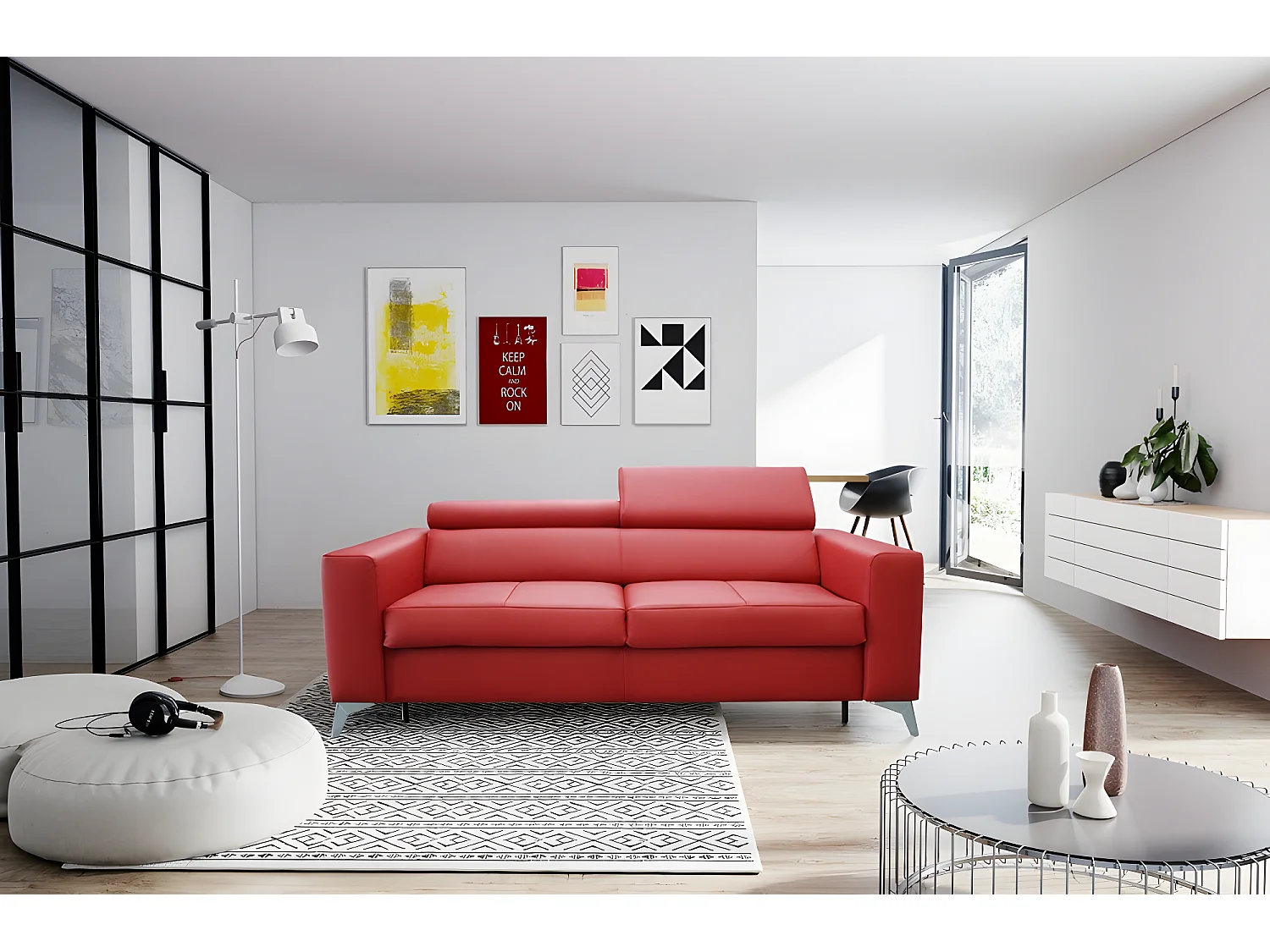 Canapé 3 places convertible en cuir italien de luxe MOVIDA, rouge foncé