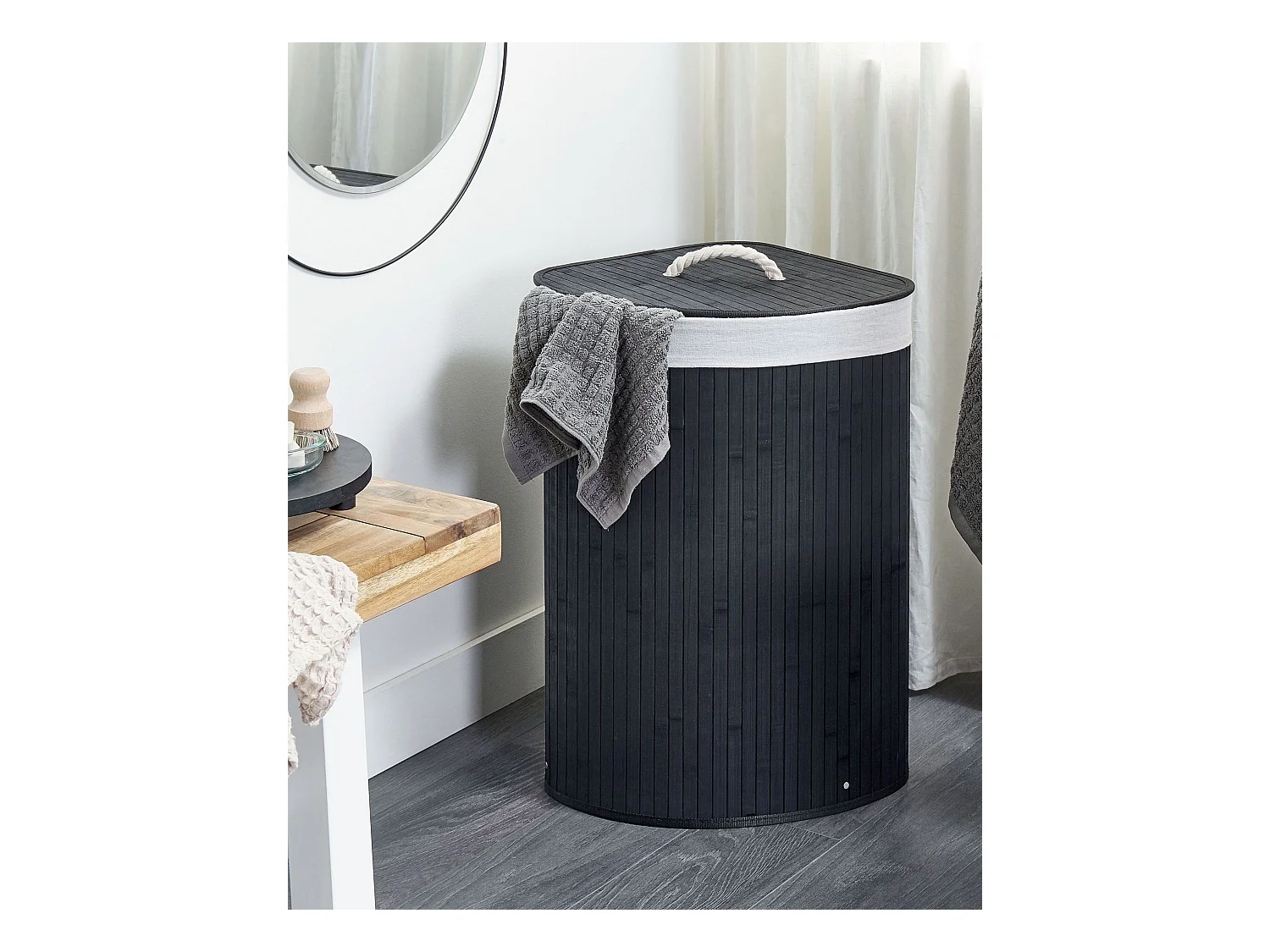 Wäschekorb Bambusholz schwarz handgemacht eckig mit Deckel Sack Matara