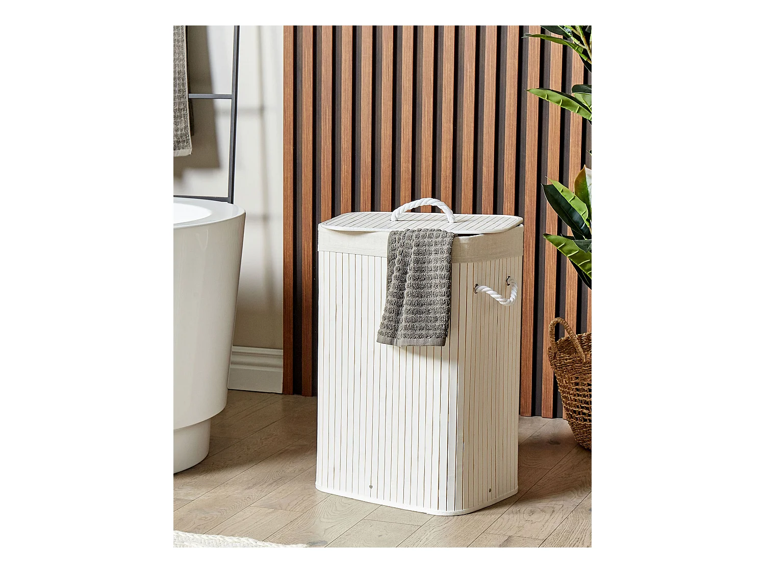 Wäschekorb Bambusholz weiß handgemacht rechteckig mit Deckel Sack Komari