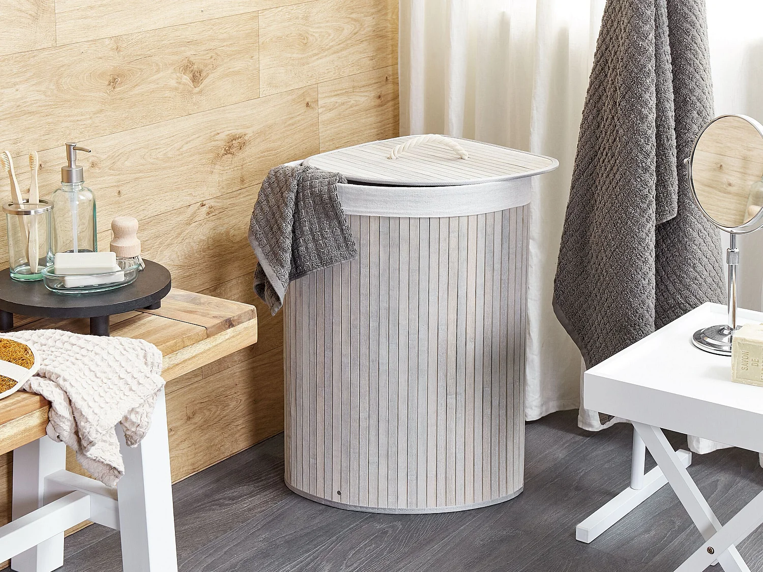 Laundry Basket MATARA Bamboo Light Grey 57 L