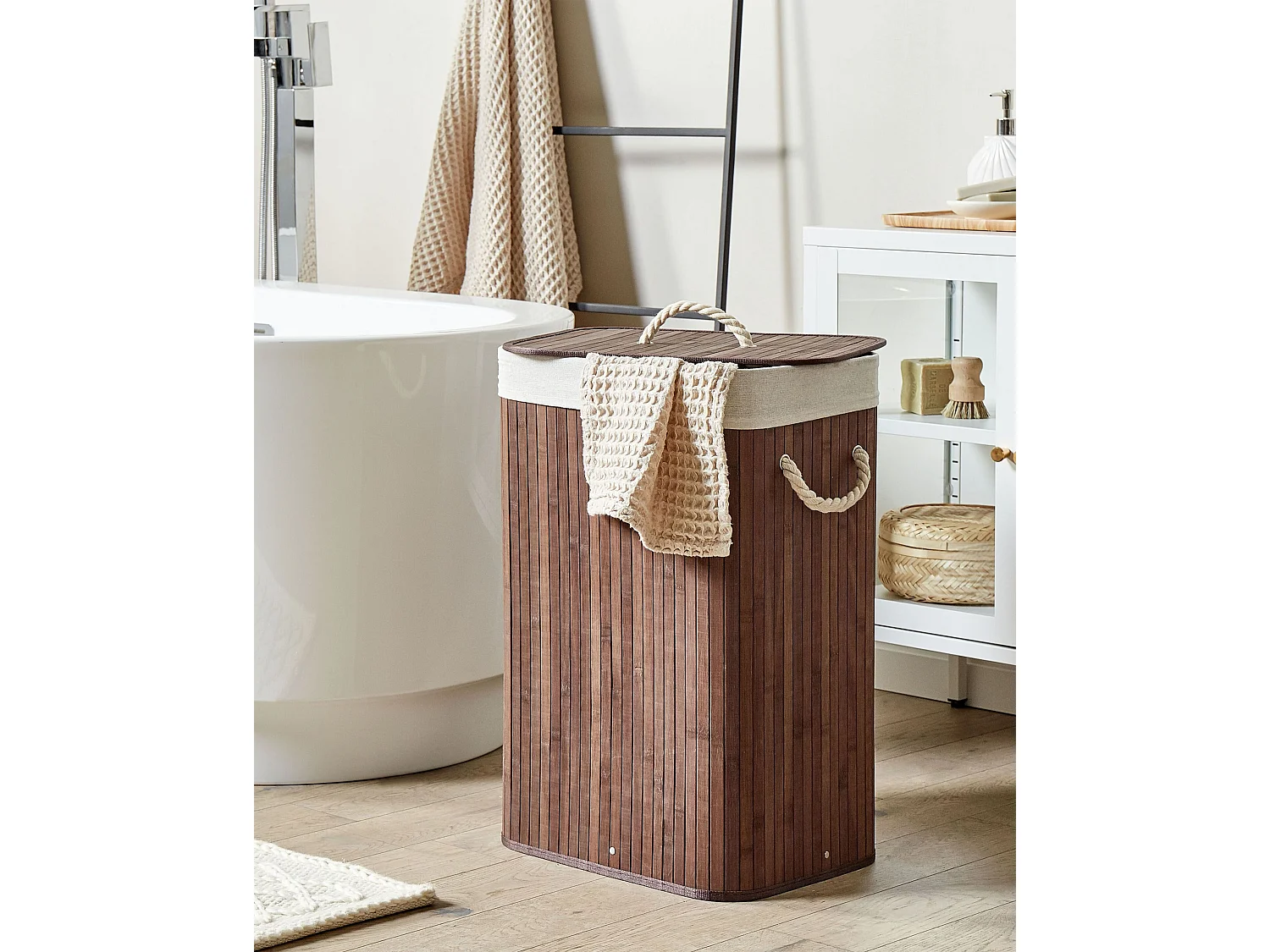 Cesto em madeira de bambu castanha escura e branca 60 cm KOMARI