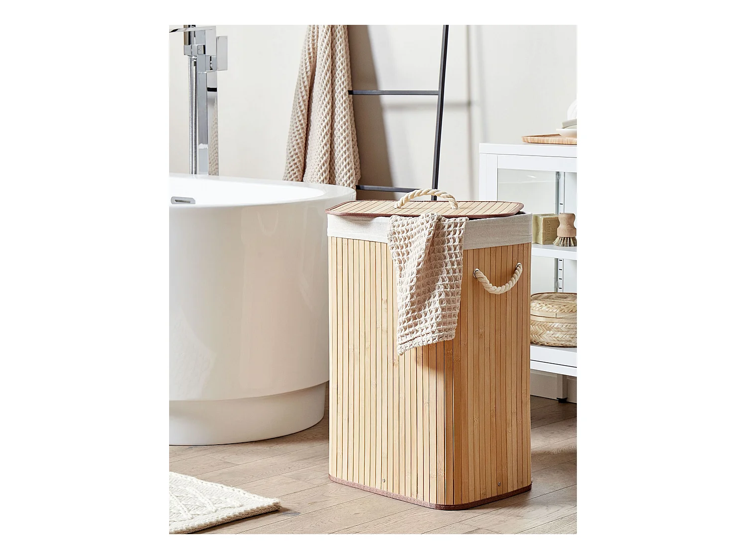 Cesto em madeira de bambu castanha clara e branca 60 cm KOMARI