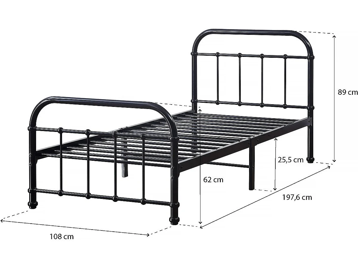 Lit simple en métal "HAVIN" - 90 x 190 cm - Noir