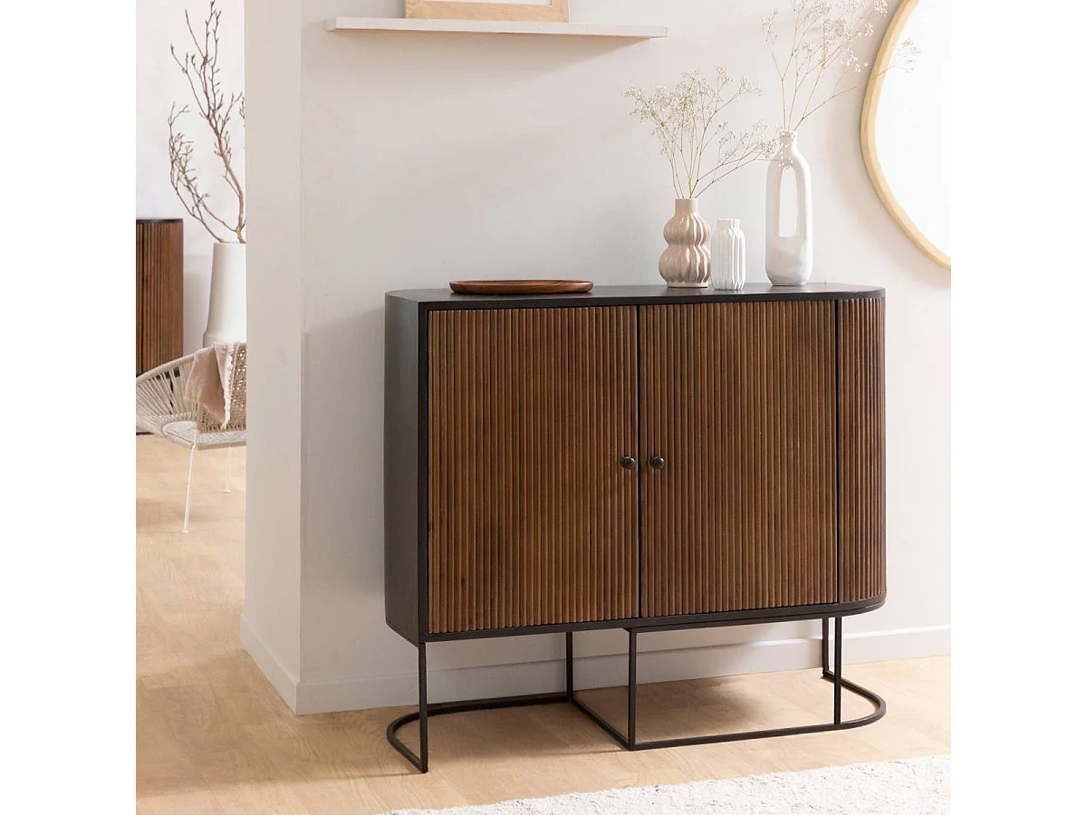 Buffet redondo de madera de mango y metal Ysé - Diseño contemporáneo premiado - 90x110x40cm
