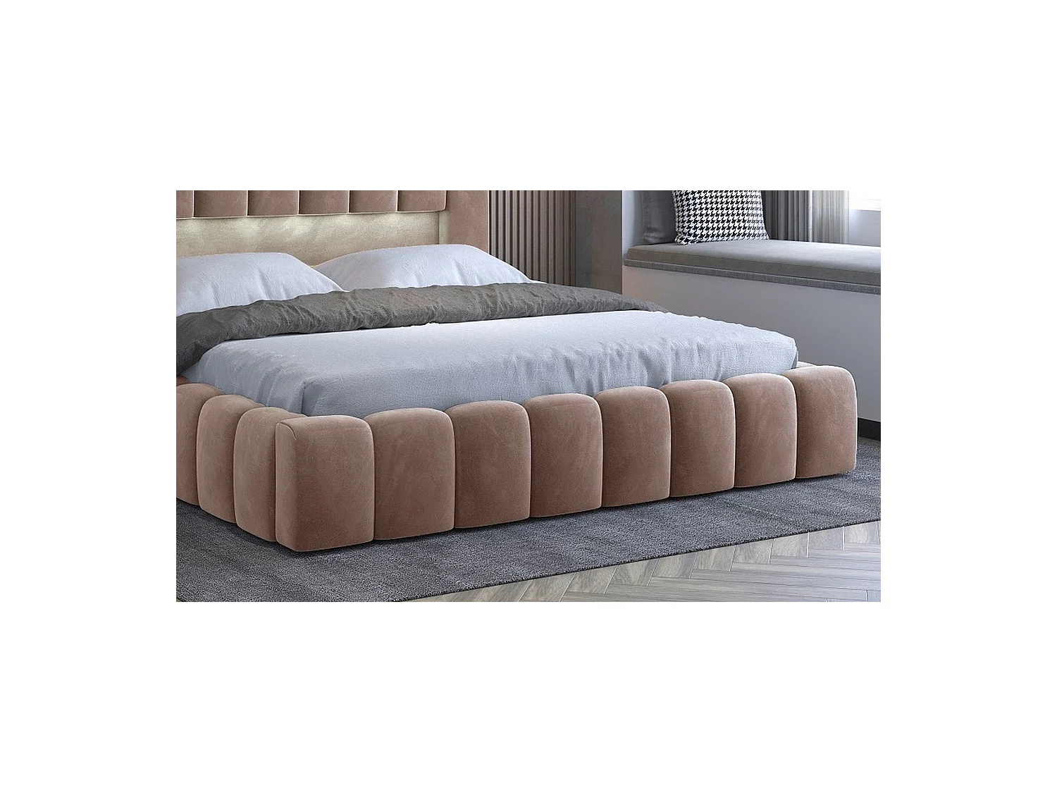 Lit 140x200 rembourré en velours luxe avec coffre et éclairage LED, marron, LANA