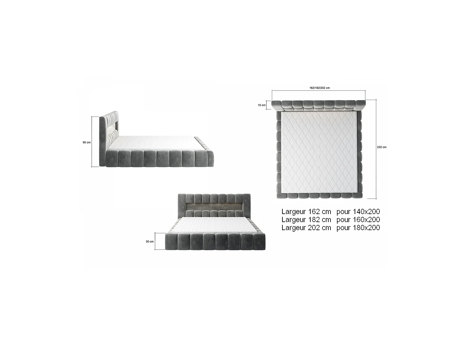 Lit 140x200 rembourré en velours luxe avec coffre et éclairage LED, marron, LANA