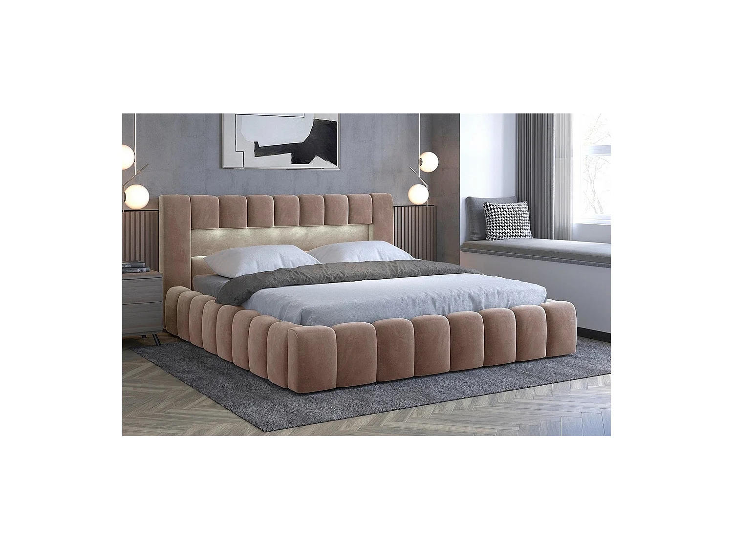 Luxe tweepersoons gestoffeerd bed met opbergruimte en LED-verlichting, 140x200 cm, bruin LANA