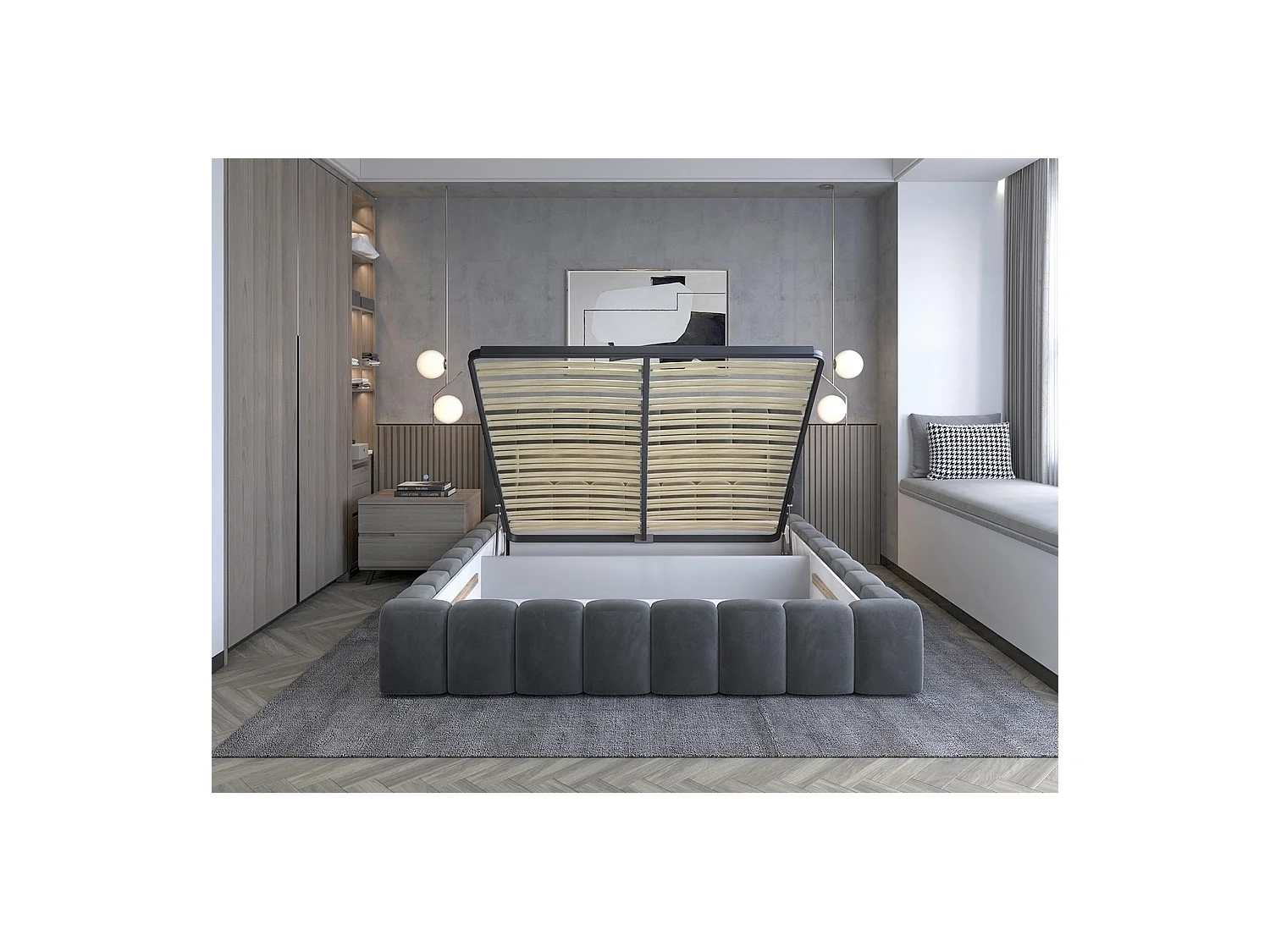 Lit 140x200 rembourré en velours luxe avec coffre et éclairage LED, marron, LANA