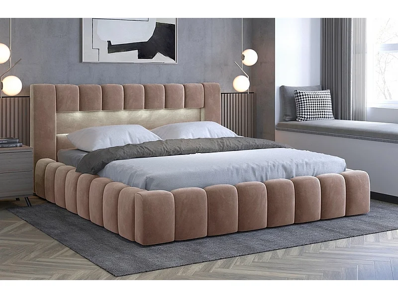 Lit 140x200 rembourré en velours luxe avec coffre et éclairage LED, marron, LANA