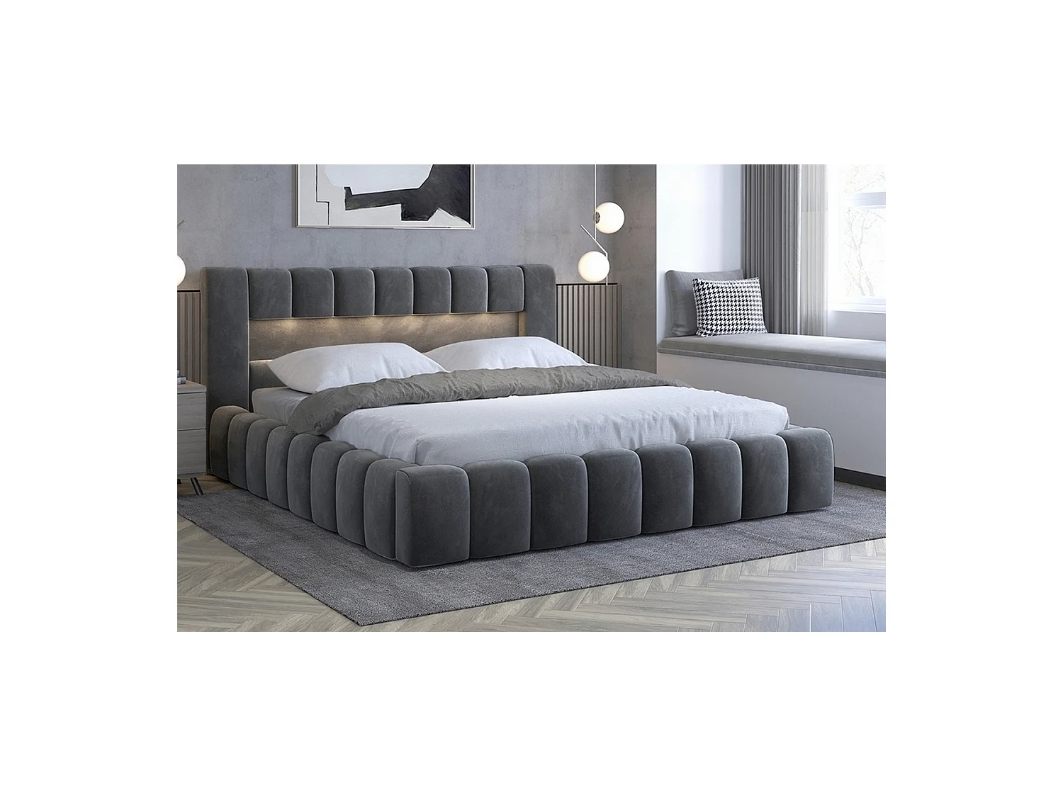 Lit 160x200 rembourré en velours luxe avec coffre et éclairage LED, anthracite, LANA