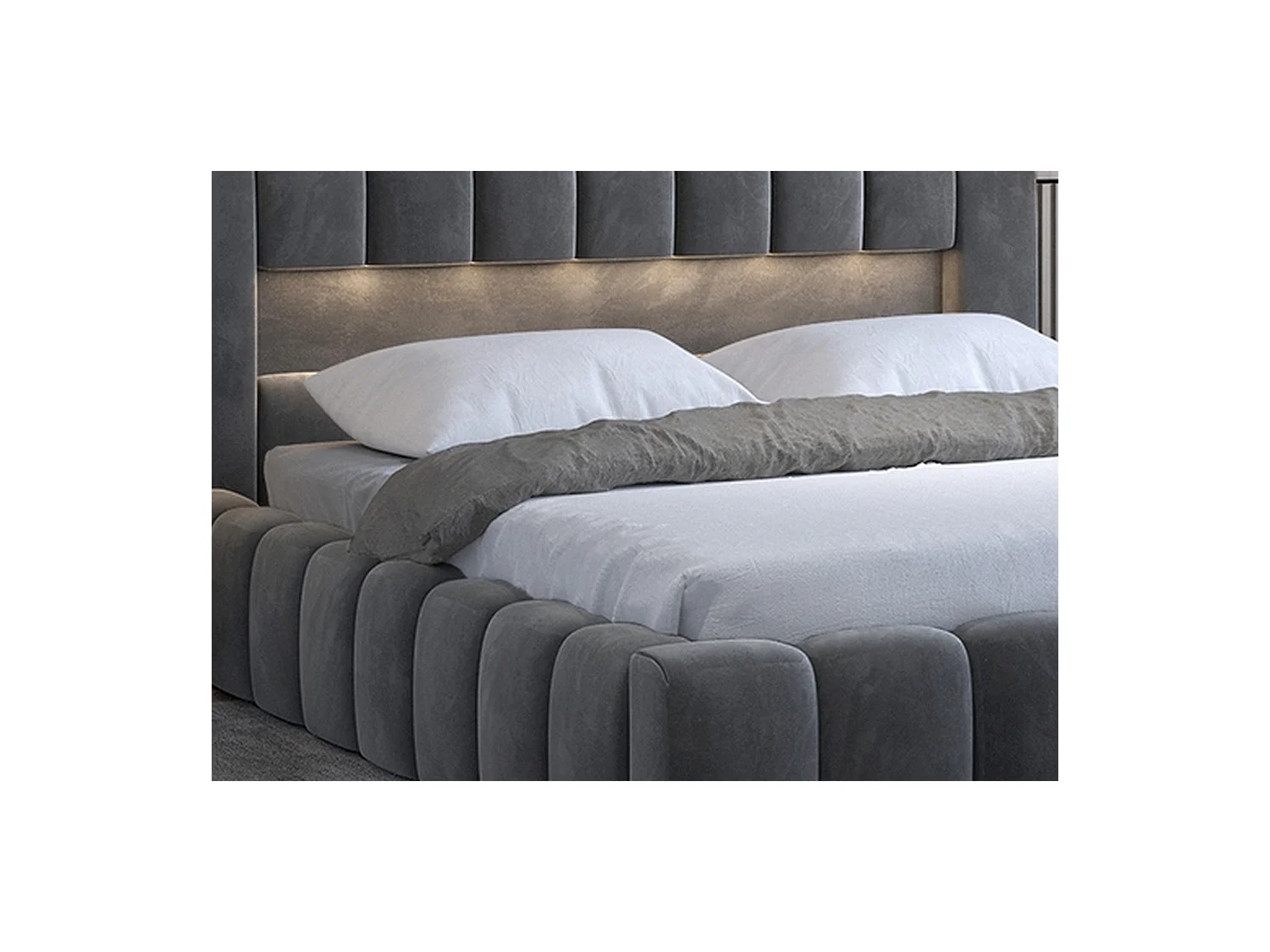 Lit 160x200 rembourré en velours luxe avec coffre et éclairage LED, anthracite, LANA