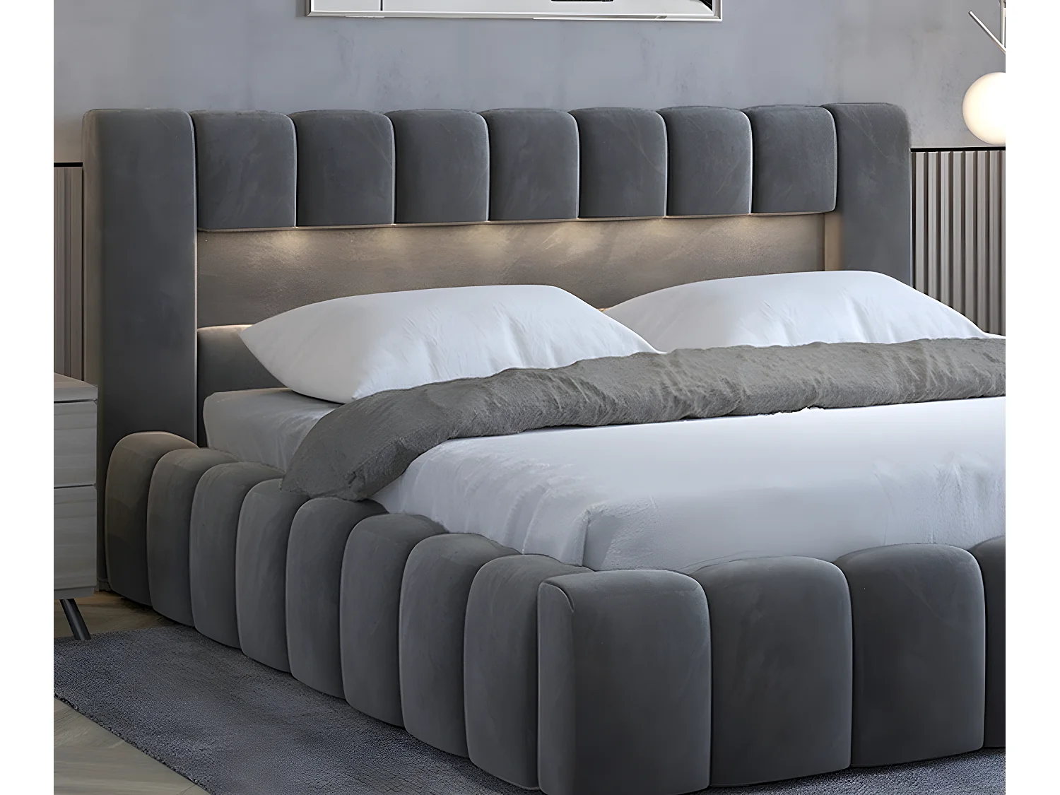 Lit 160x200 rembourré en velours luxe avec coffre et éclairage LED, anthracite, LANA