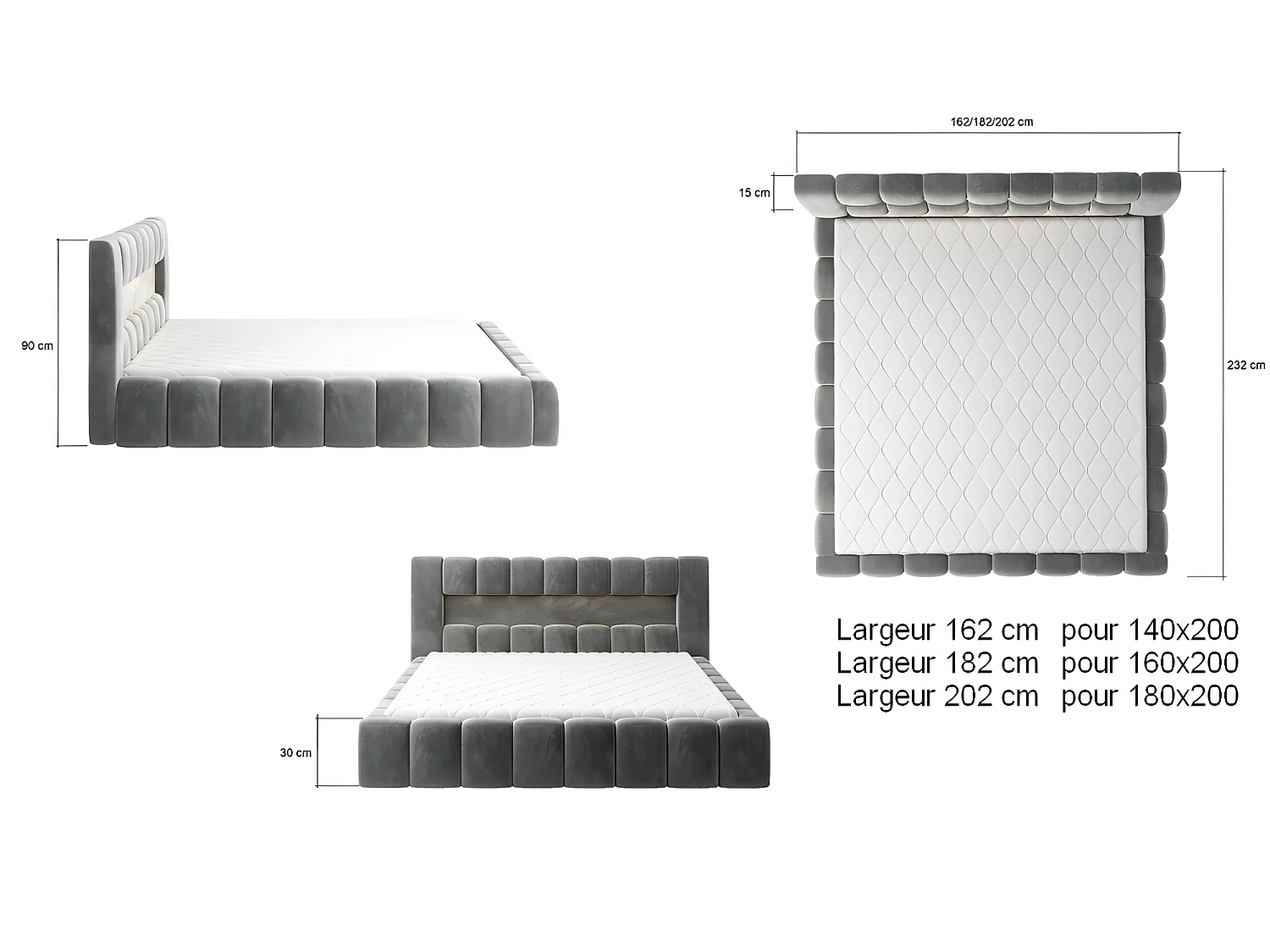 Lit 160x200 rembourré en velours luxe avec coffre et éclairage LED, anthracite, LANA