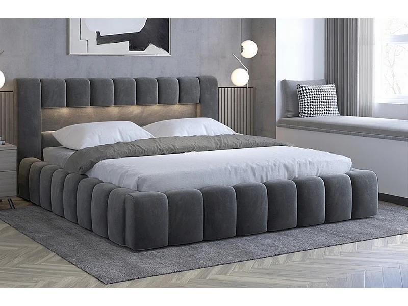 Lit 160x200 rembourré en velours luxe avec coffre et éclairage LED, anthracite, LANA