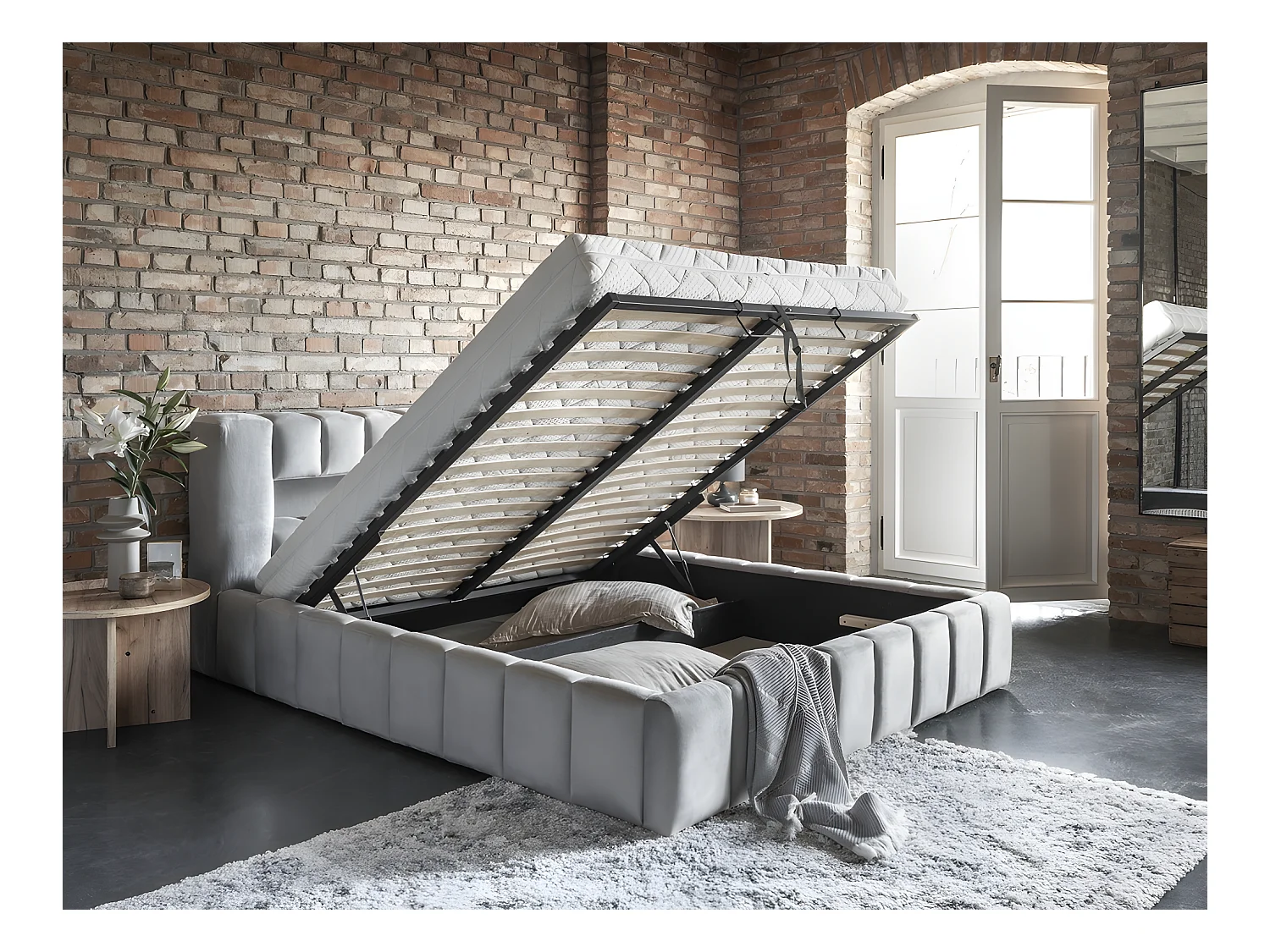 Lit 140x200 rembourré en velours luxe avec coffre et éclairage LED, gris, LANA
