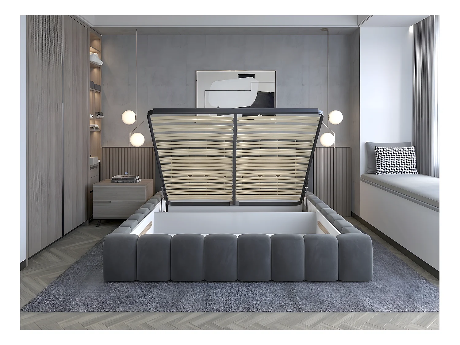 Lit 180x200 rembourré en velours luxe avec coffre et éclairage LED, marron, LANA