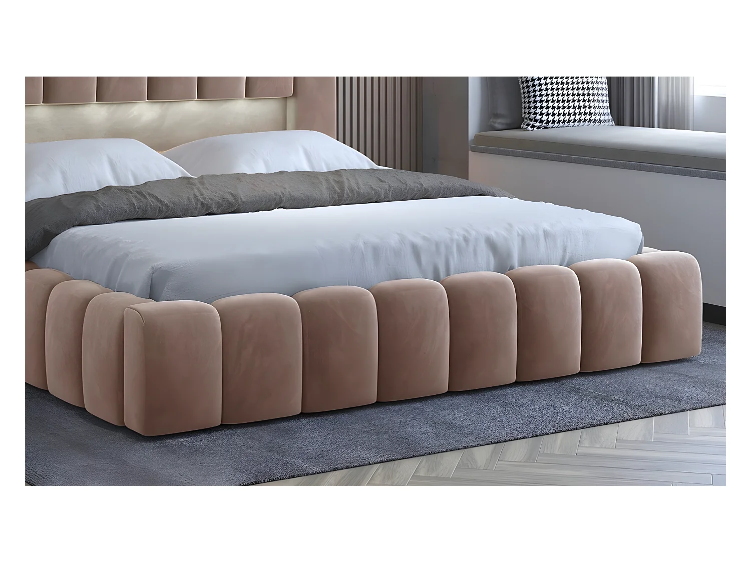 Lit 180x200 rembourré en velours luxe avec coffre et éclairage LED, marron, LANA